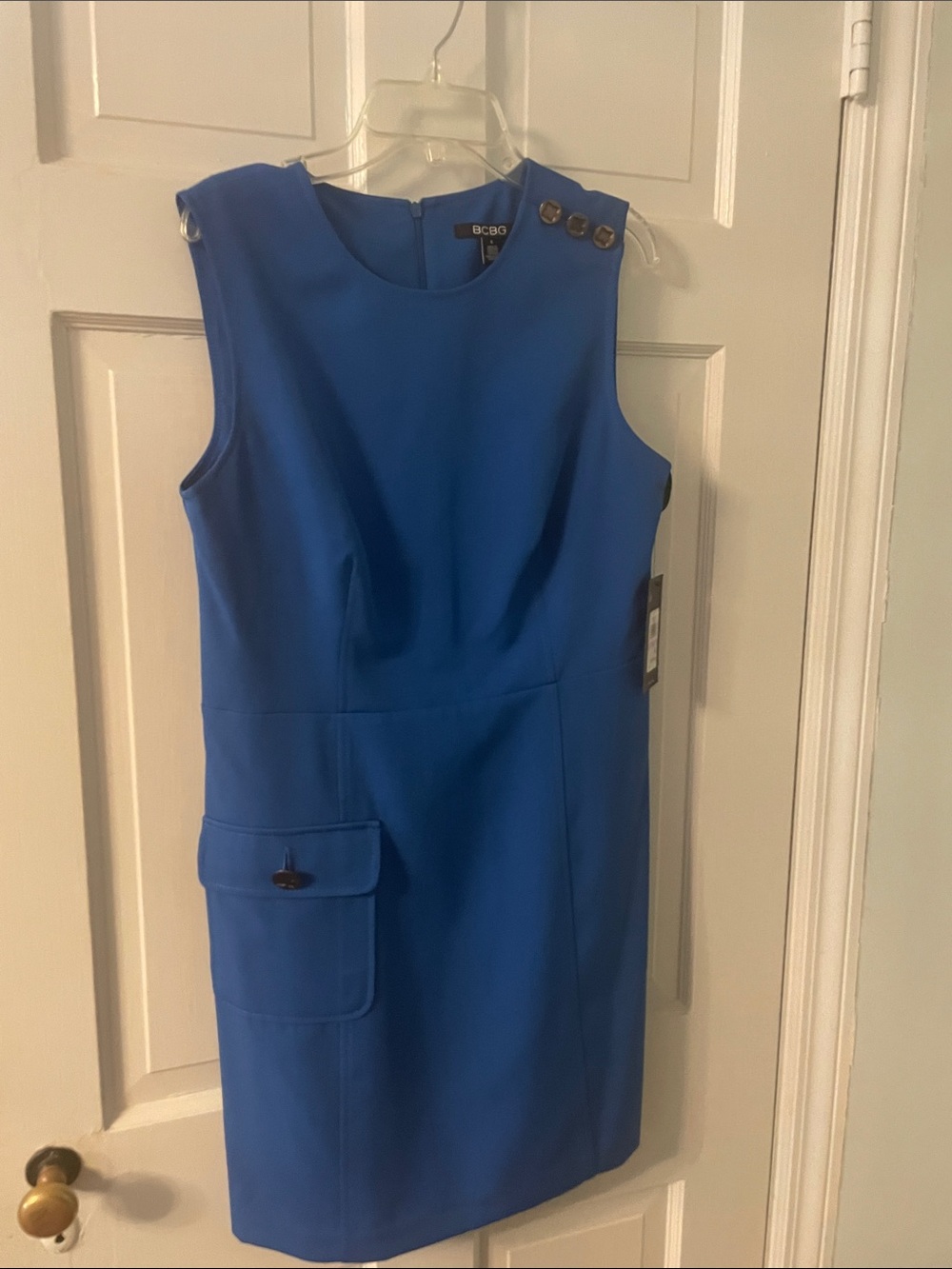 BCBG Cobalt Blue Sleeveless Sheath Dress with Button Detail
